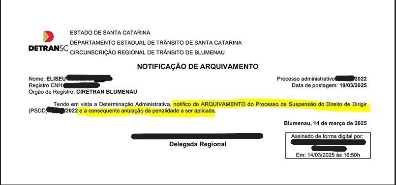 Documento oficial de arquivamento de suspensão da CNH em Santa Catarina – caso real da Capitol Assessoria