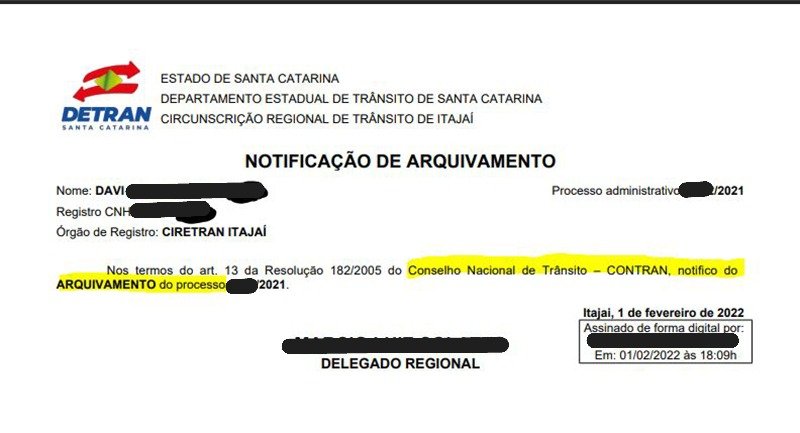 Documento oficial de arquivamento de suspensão da CNH em Santa Catarina – caso real da Capitol Assessoria